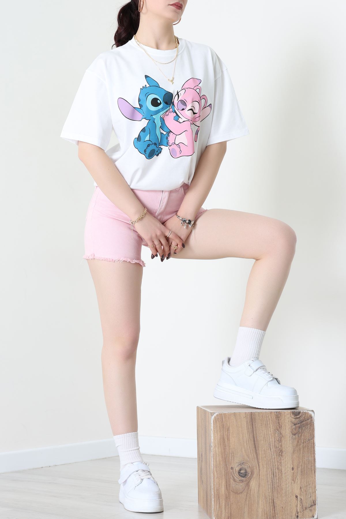 Baskılı Kompakt Penye Tişört Beyazpembe - 55044.1872.