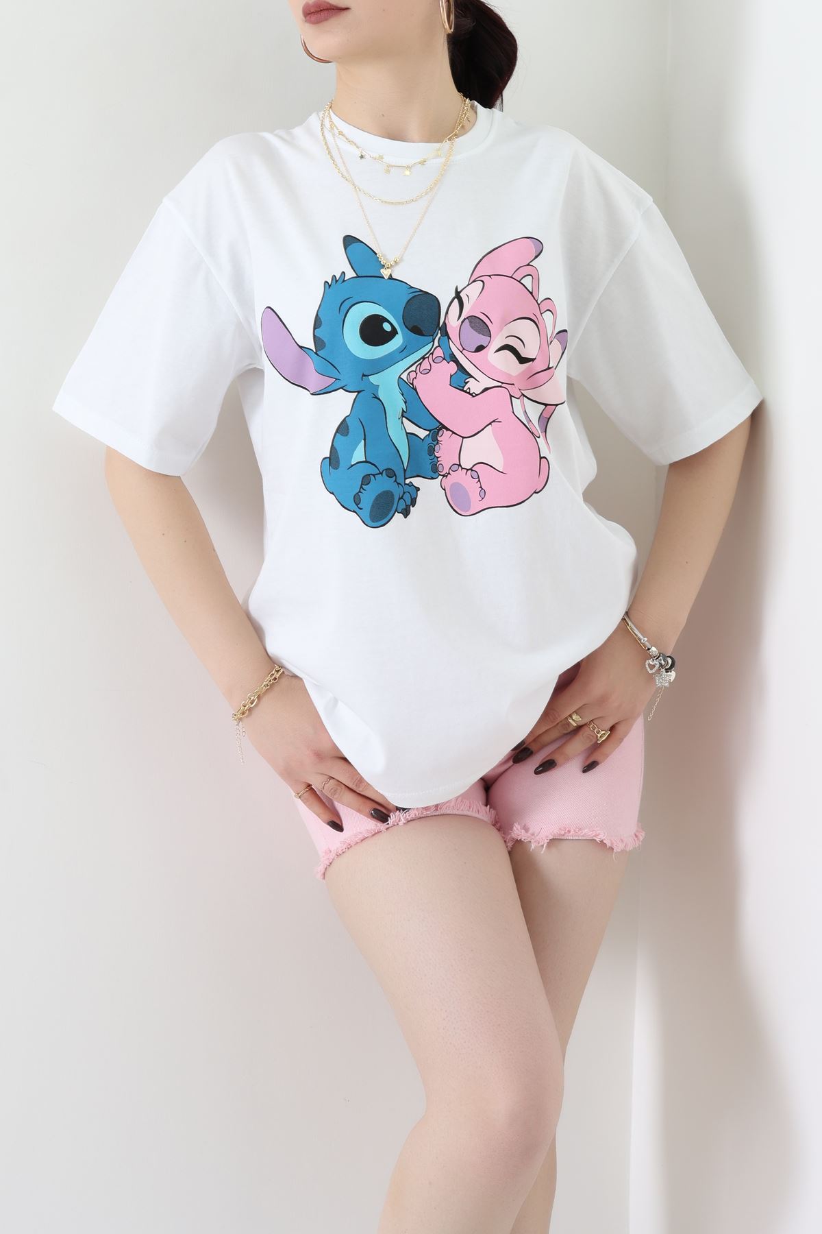 Baskılı Kompakt Penye Tişört Beyazpembe - 55044.1872.