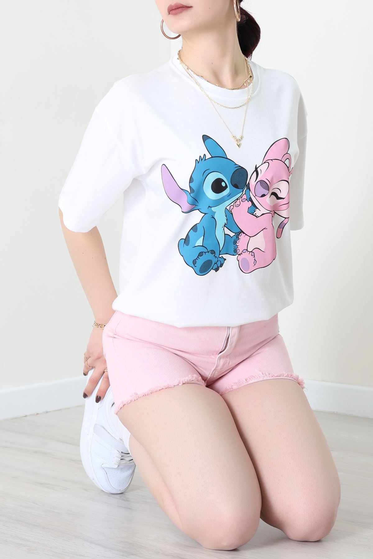 Baskılı Kompakt Penye Tişört Beyazpembe - 55044.1872.