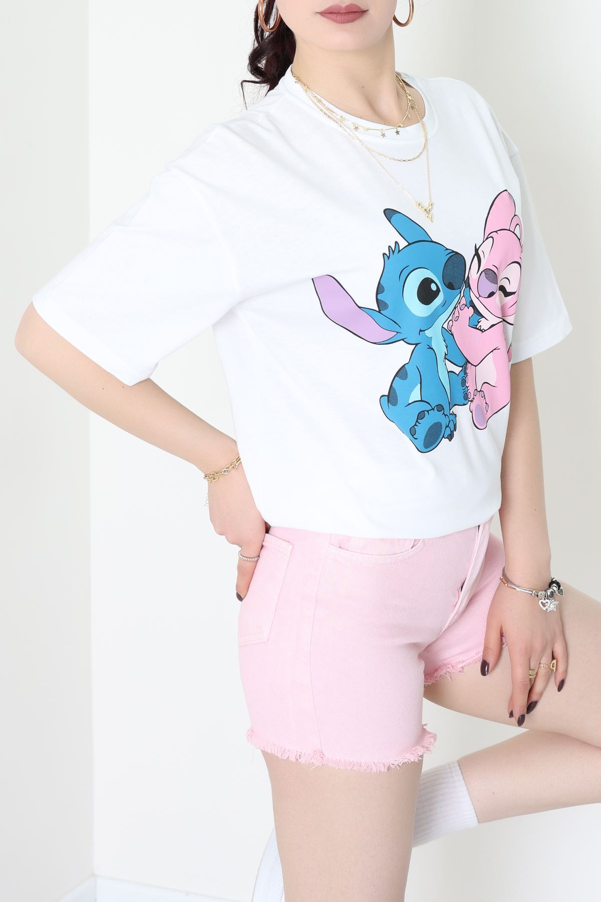 Baskılı Kompakt Penye Tişört Beyazpembe - 55044.1872.