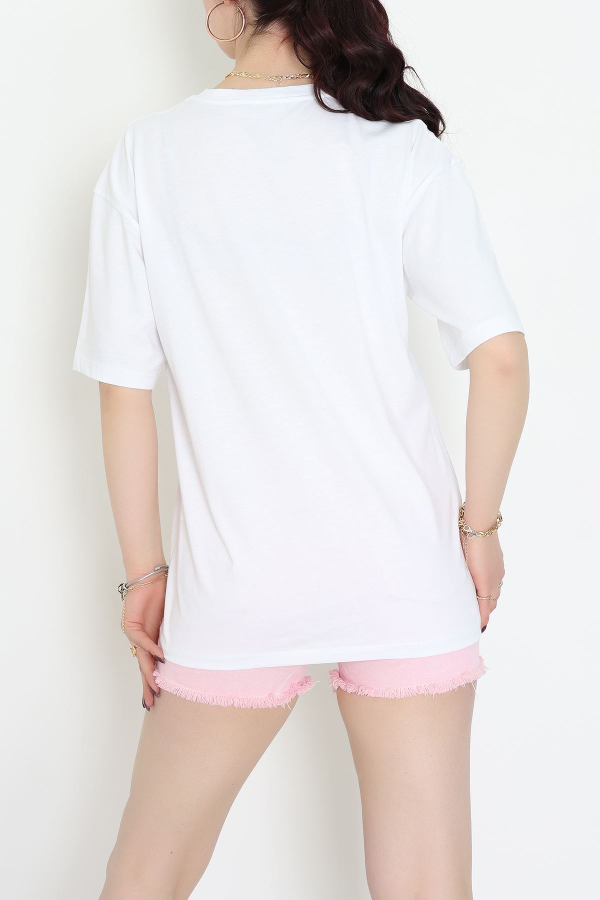 Baskılı Kompakt Penye Tişört Beyazpembe - 55044.1872.