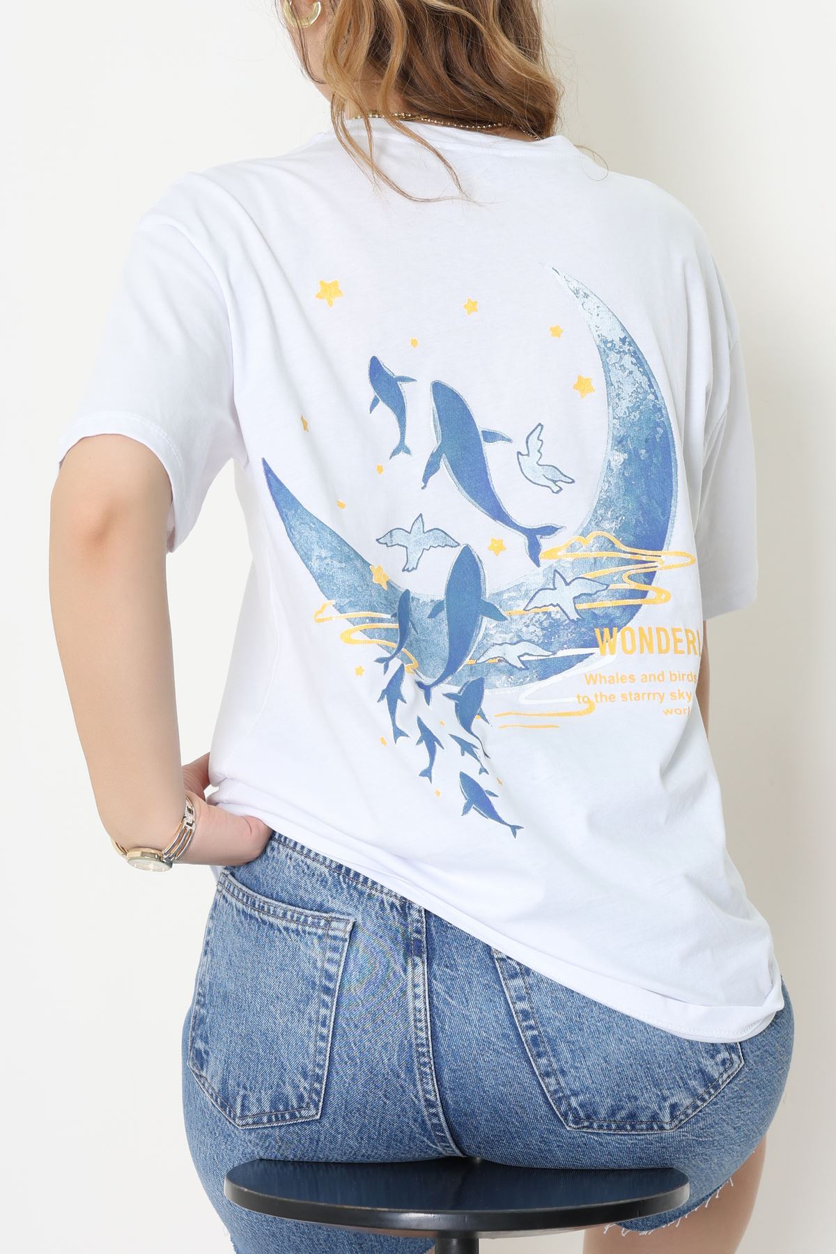 Kompakt Penye Unisex Tişört Beyazmavi - 55064.1872.