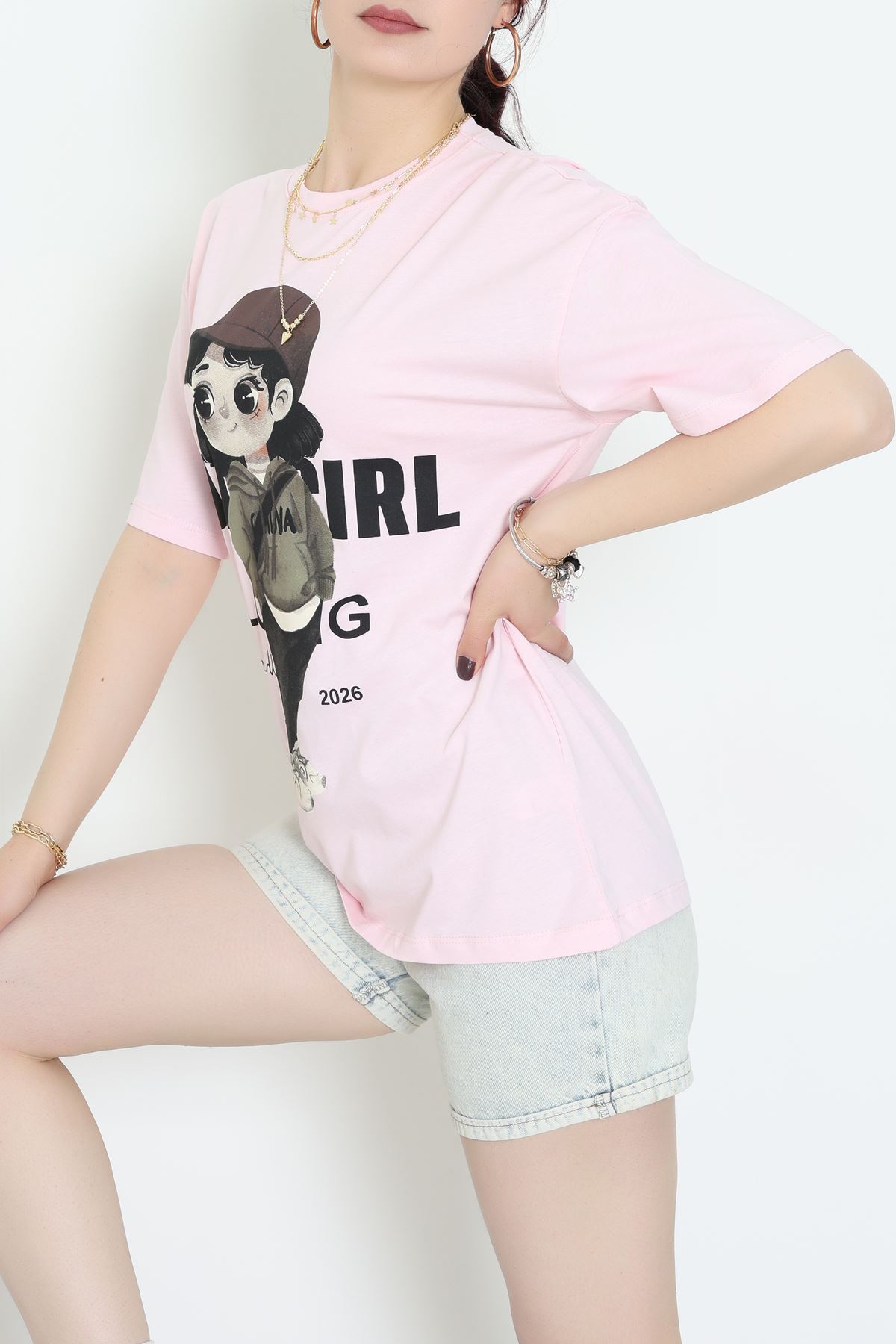 Baskılı Kompakt Penye Tişört Pembekahve - 55044.1872.