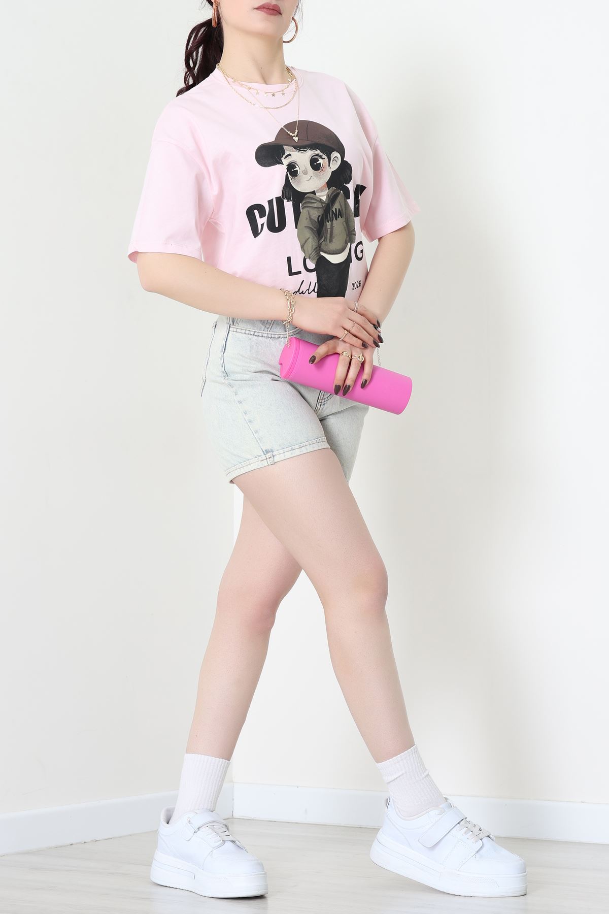 Baskılı Kompakt Penye Tişört Pembekahve - 55044.1872.