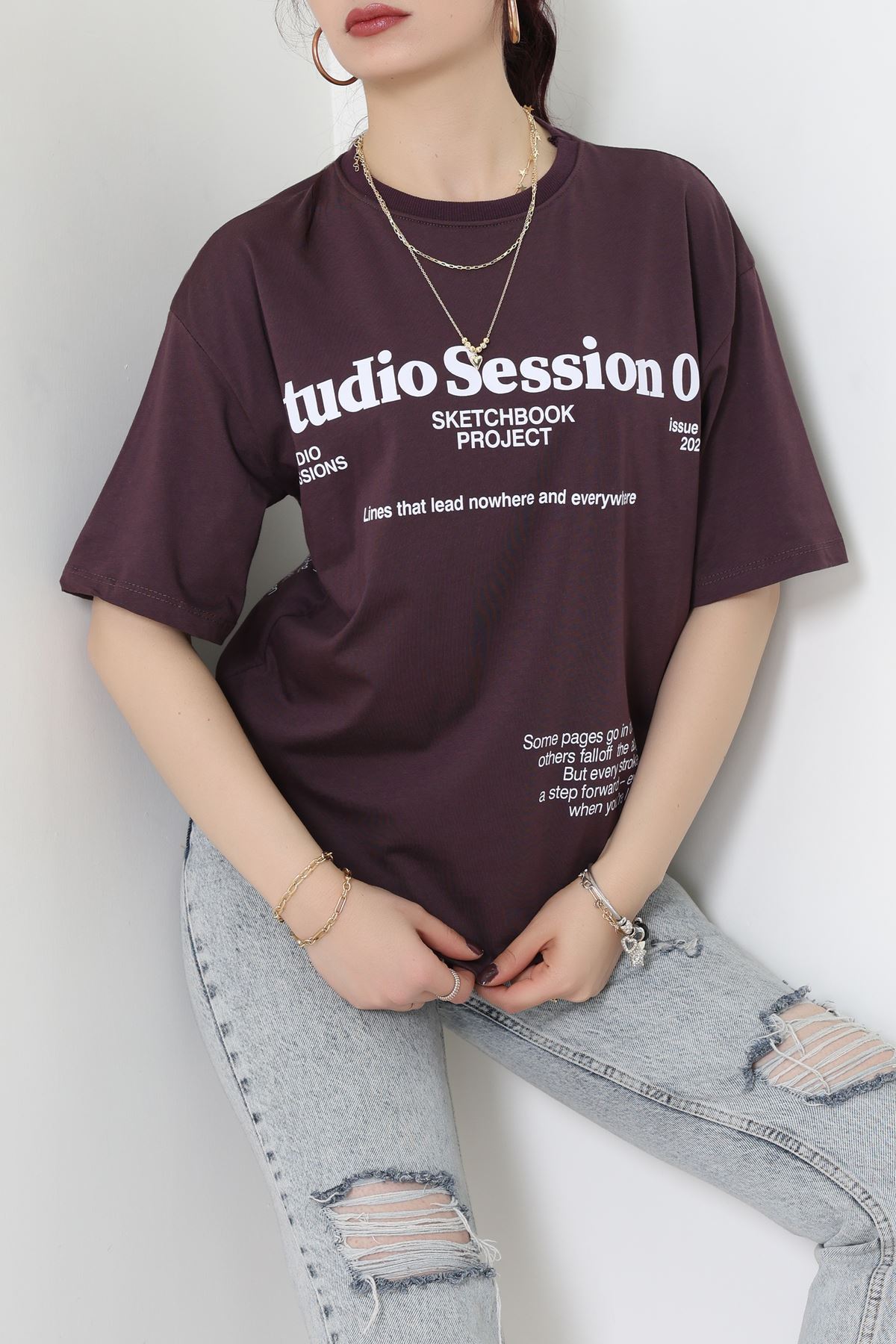 Kompakt Penye Unisex Tişört Mürdüm - 55064.1872.