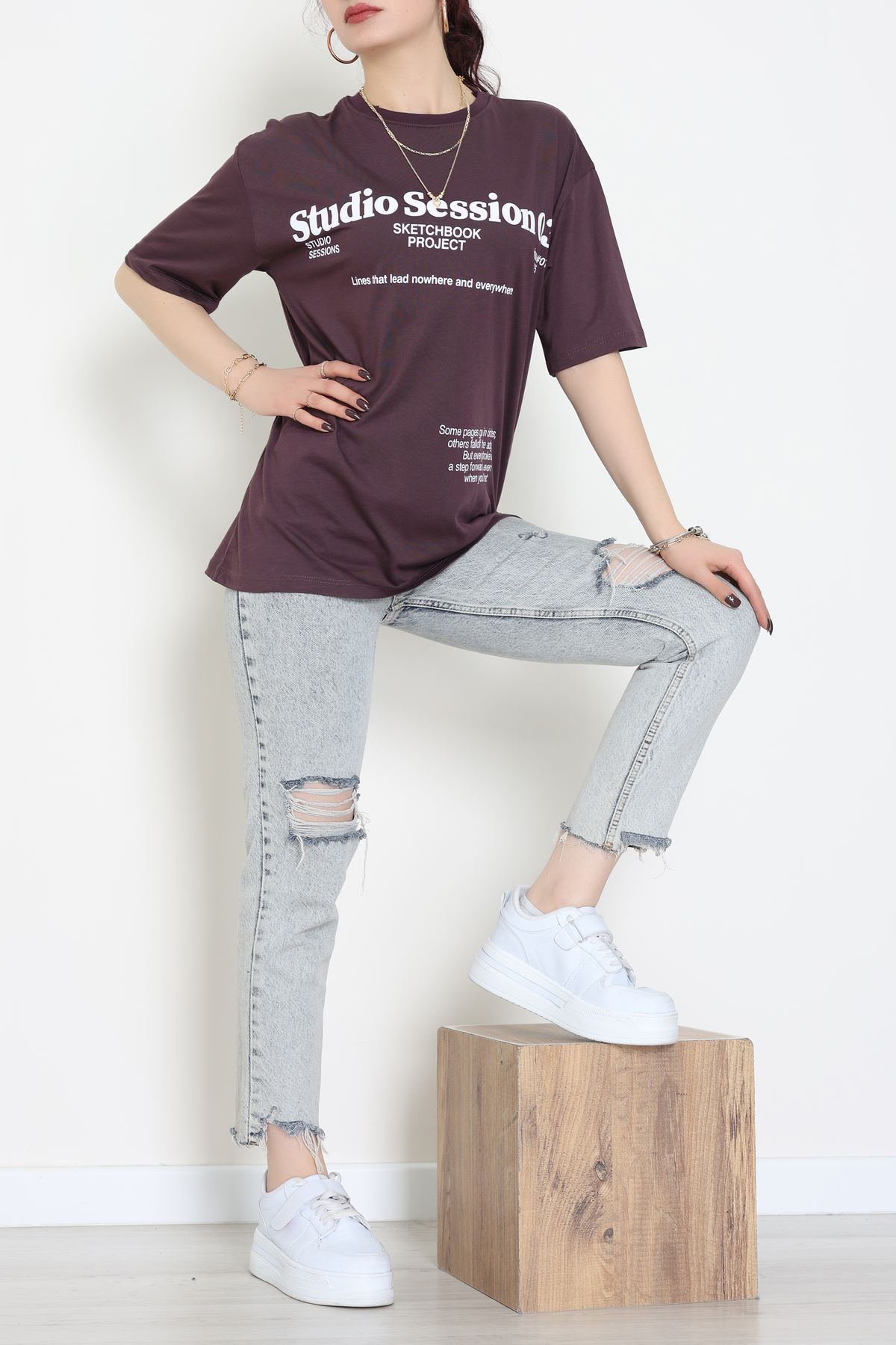 Kompakt Penye Unisex Tişört Mürdüm - 55064.1872.