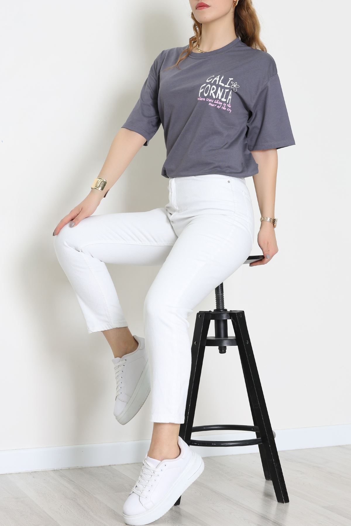 Baskılı Kompakt Penye Tişört Grikrem - 55044.1872.