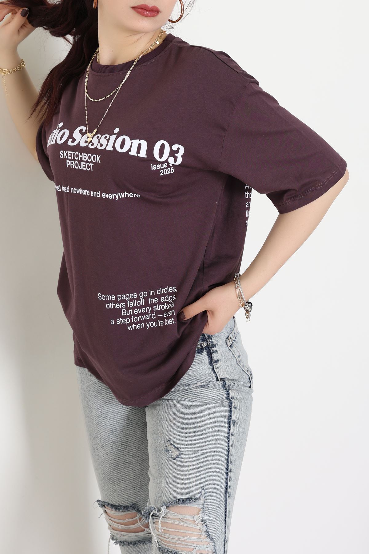 Kompakt Penye Unisex Tişört Mürdüm - 55064.1872.