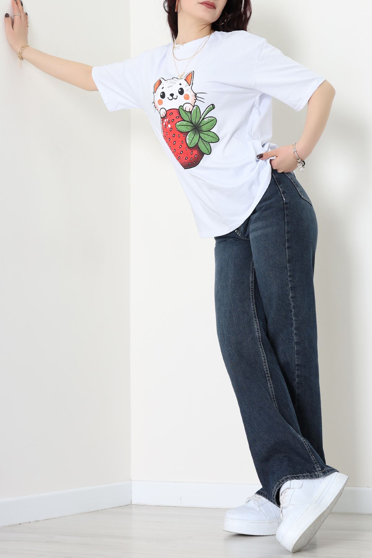 Baskılı Kompakt Penye Tişört Beyazyeşil1 - 55044.1872.