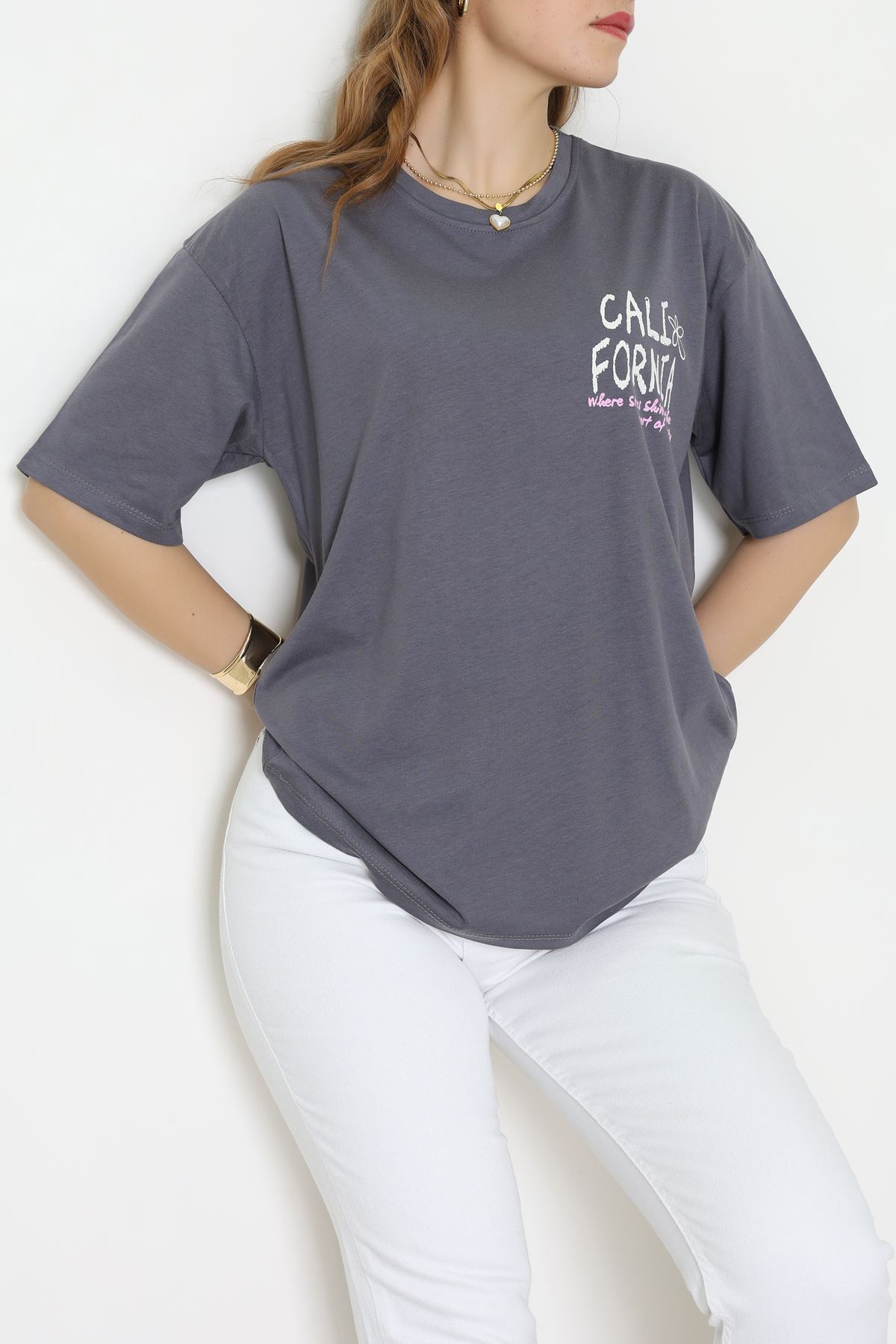 Baskılı Kompakt Penye Tişört Grikrem - 55044.1872.