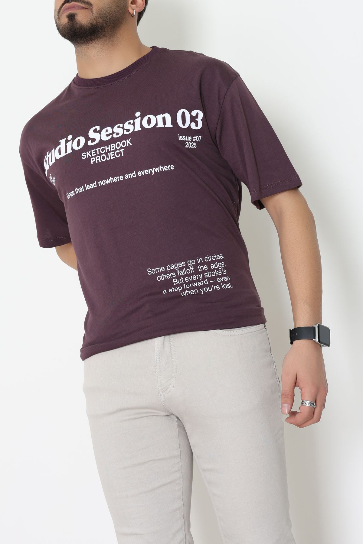 Kompakt Penye Unisex Tişört Mürdüm - 55064.1872.