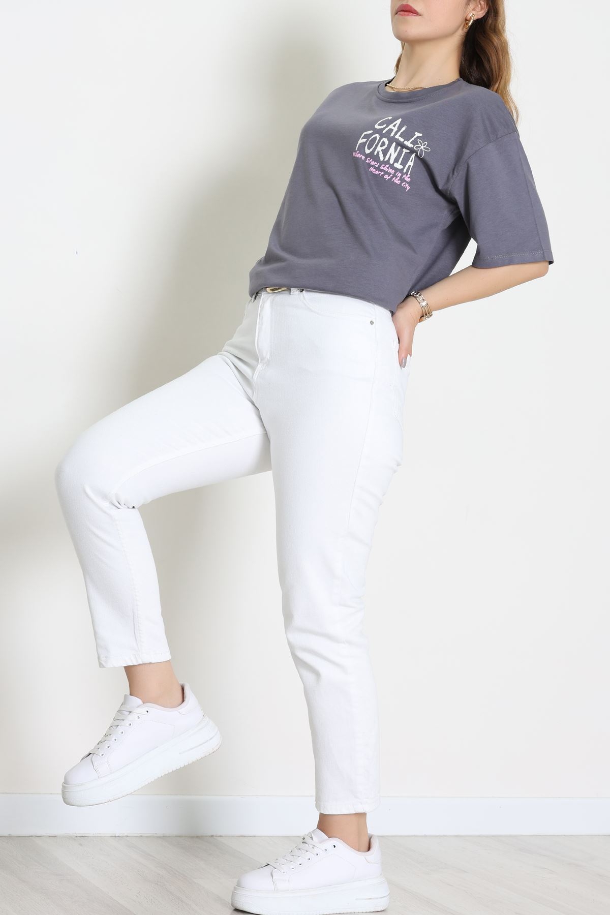 Baskılı Kompakt Penye Tişört Grikrem - 55044.1872.