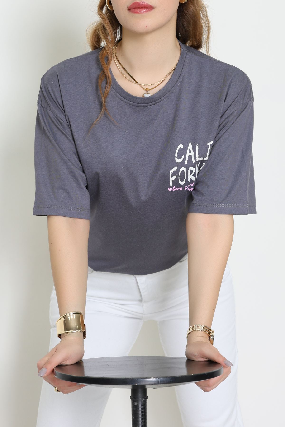 Baskılı Kompakt Penye Tişört Grikrem - 55044.1872.