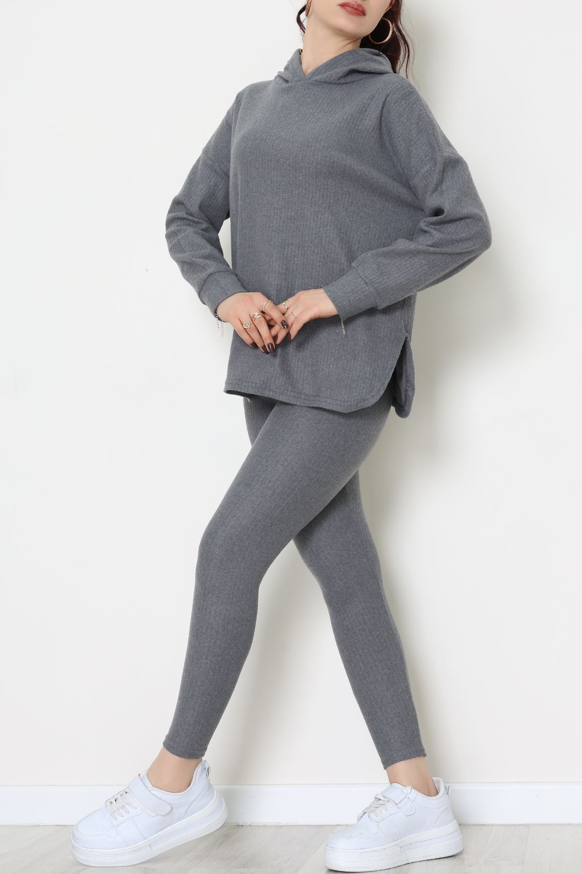 Raporlu İnterlok Kapşonlu İkili Takım Füme - 55040.1567.