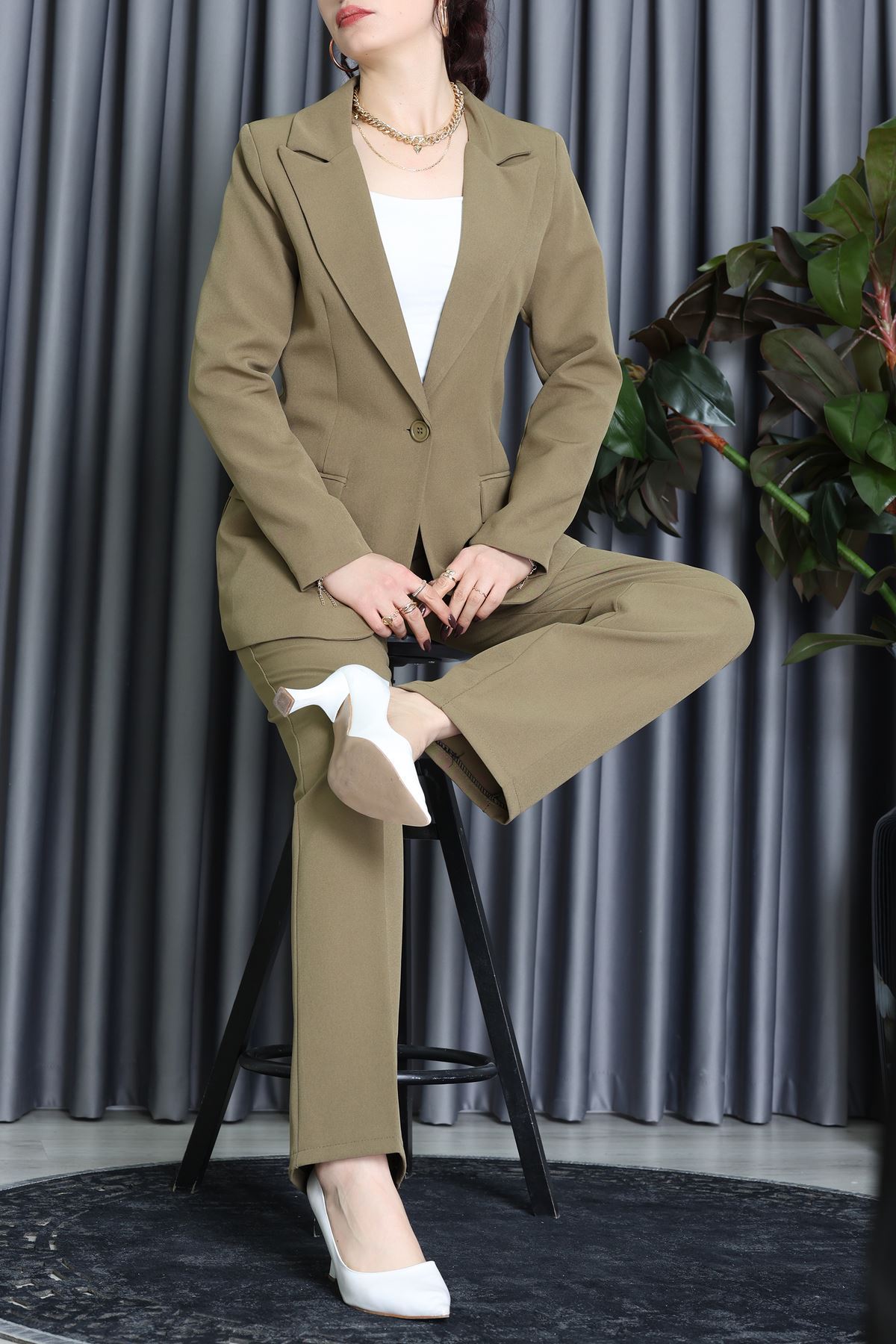 Dabıl Kumaş Astarlı İkili Blazer Takım Yağyeşili - 55041.1397.