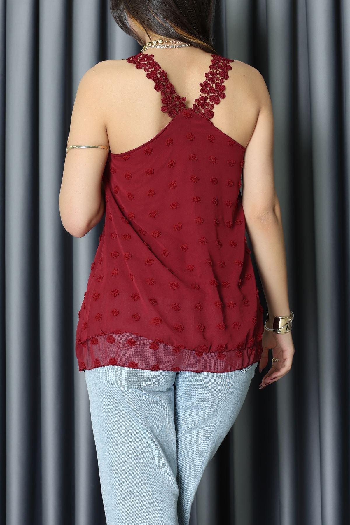 Dantel Askılı Sırtı Çapraz Detaylı Ponpon Bluz Bordo - 72285.1256.
