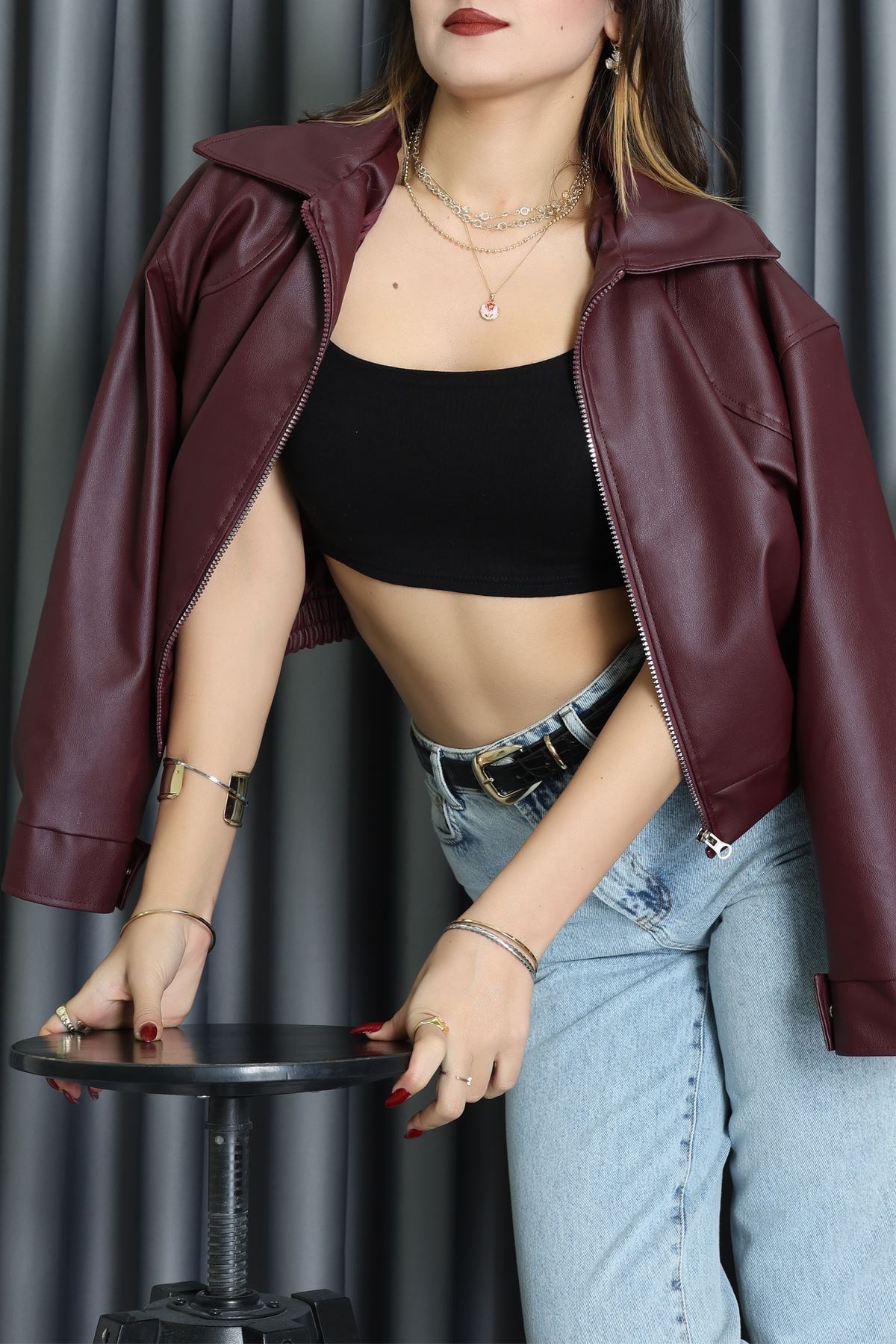 Beli Lastikli Deri Ceket Bordo - 31857.2089.