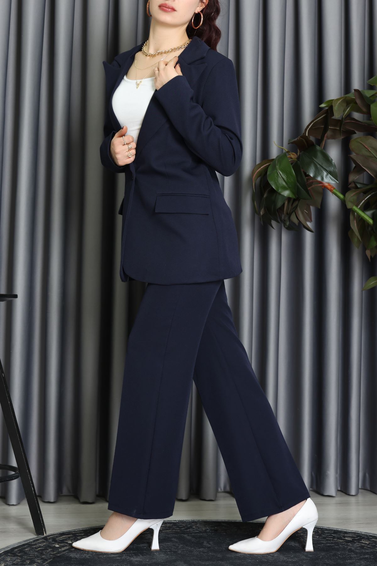 Dabıl Kumaş Astarlı İkili Blazer Takım Lacivert - 55041.1397.