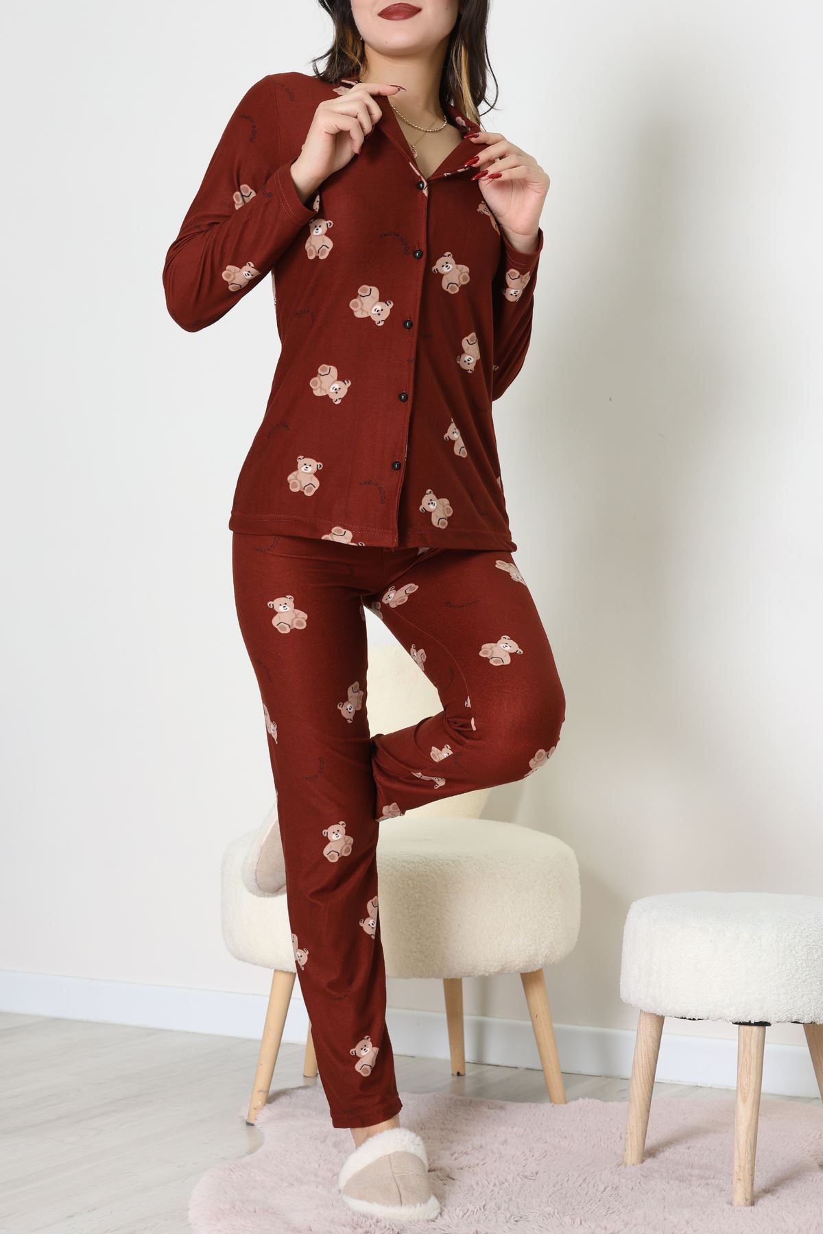 Süet Düğmeli Pijama Takımı Kahve - 52199.1783.