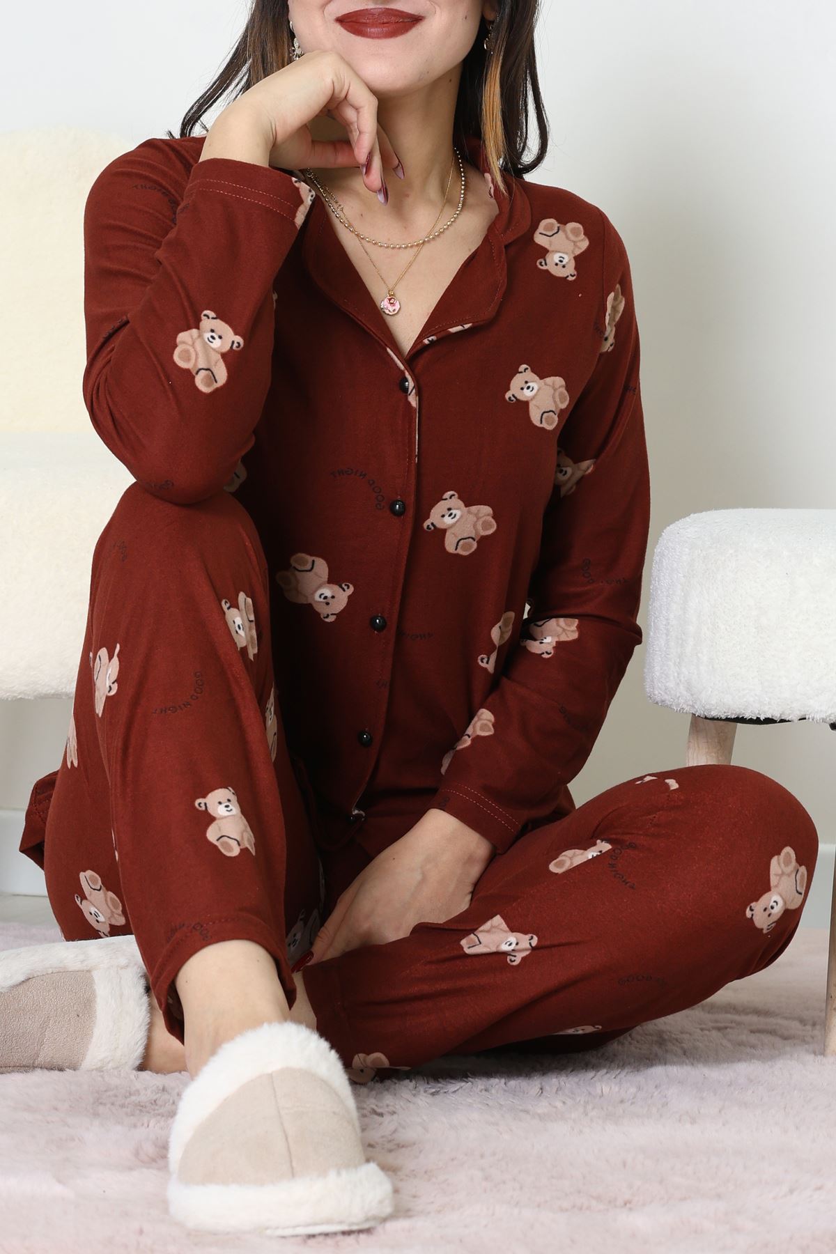 Süet Düğmeli Pijama Takımı Kahve - 52199.1783.