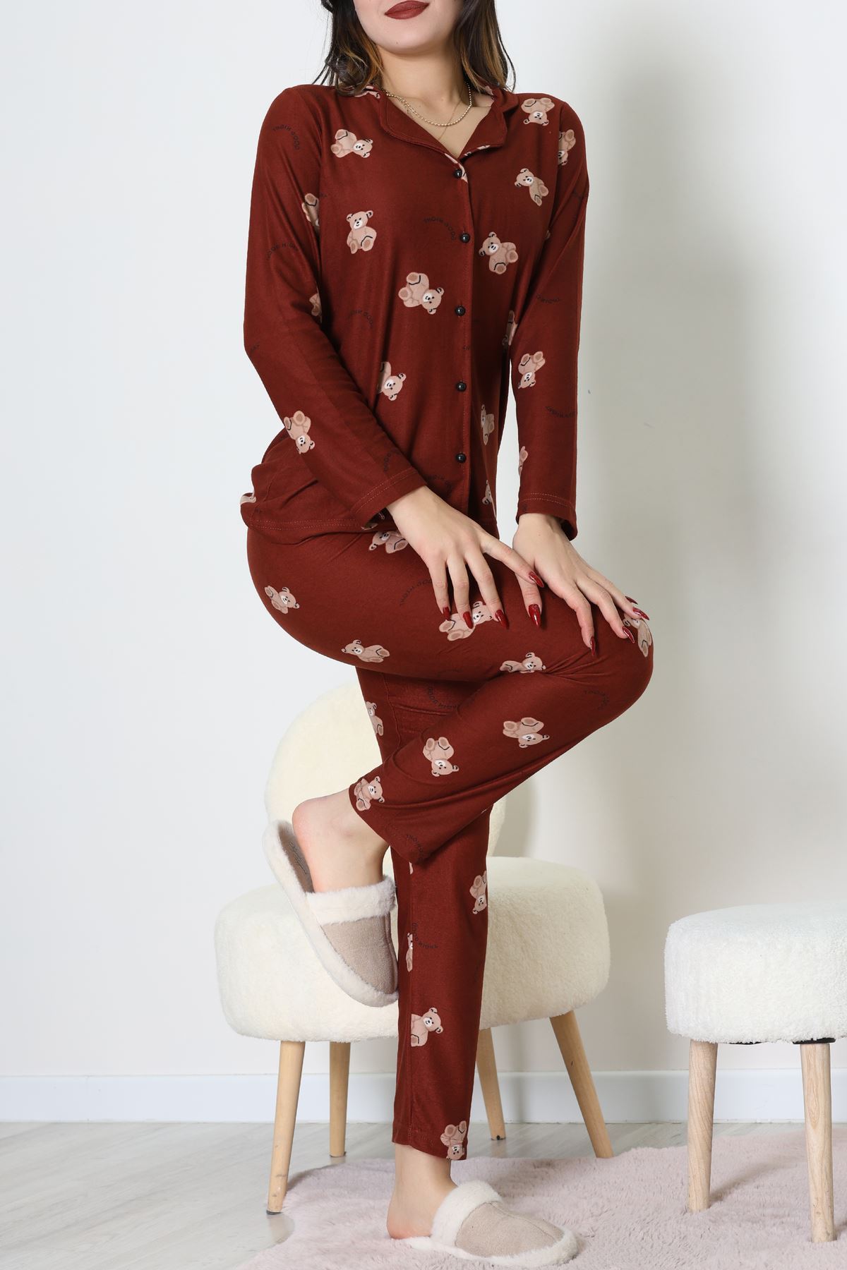 Süet Düğmeli Pijama Takımı Kahve - 52199.1783.
