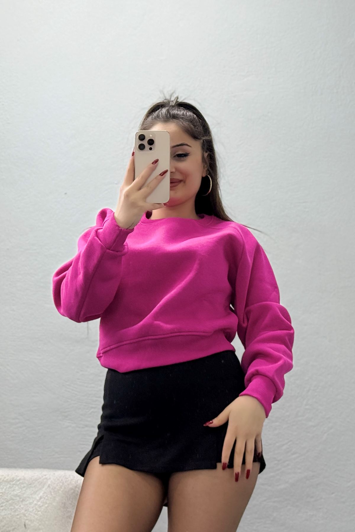 Bisiklet Yaka 3 İplik Sweat Fuşya - 20958.1878.