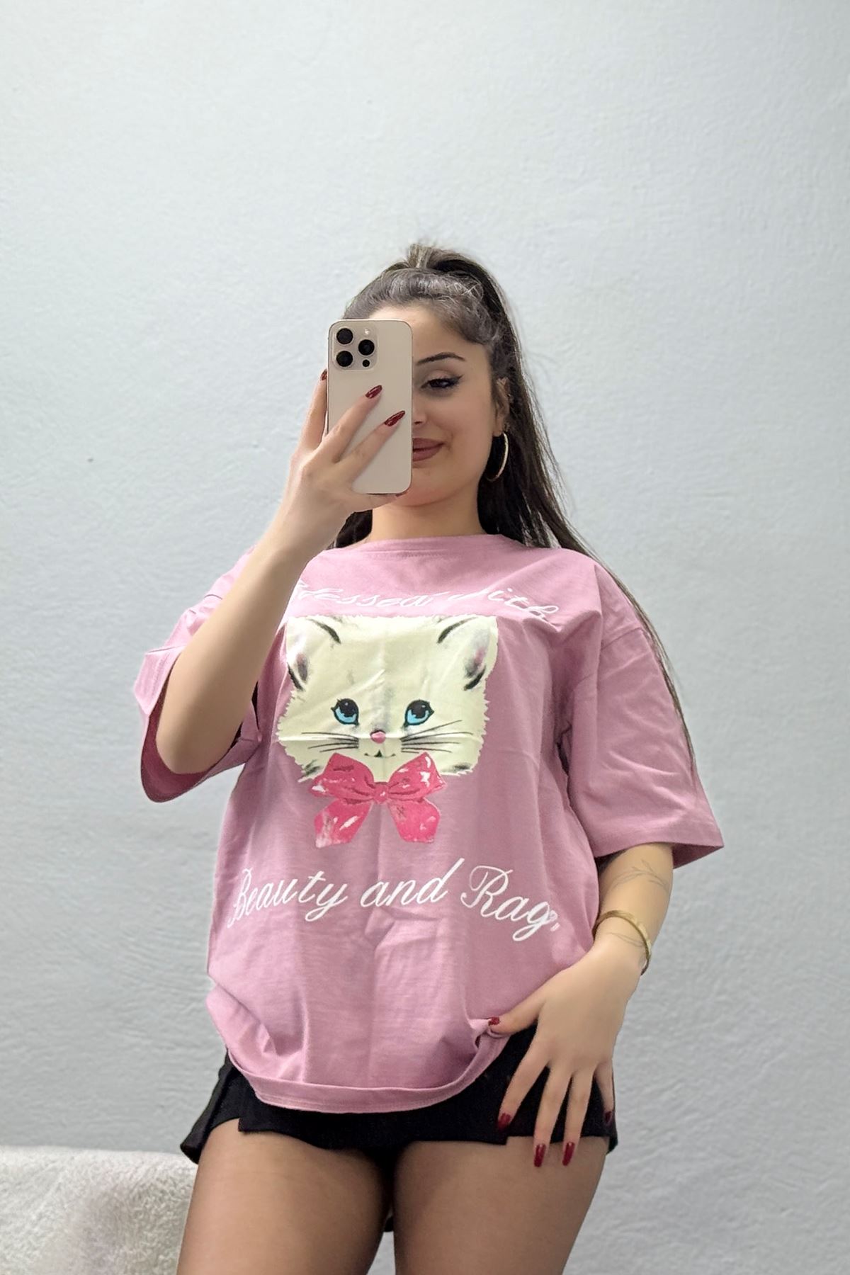 Baskılı Kompakt Penye Tişört Gülkurusu - 55044.1872.