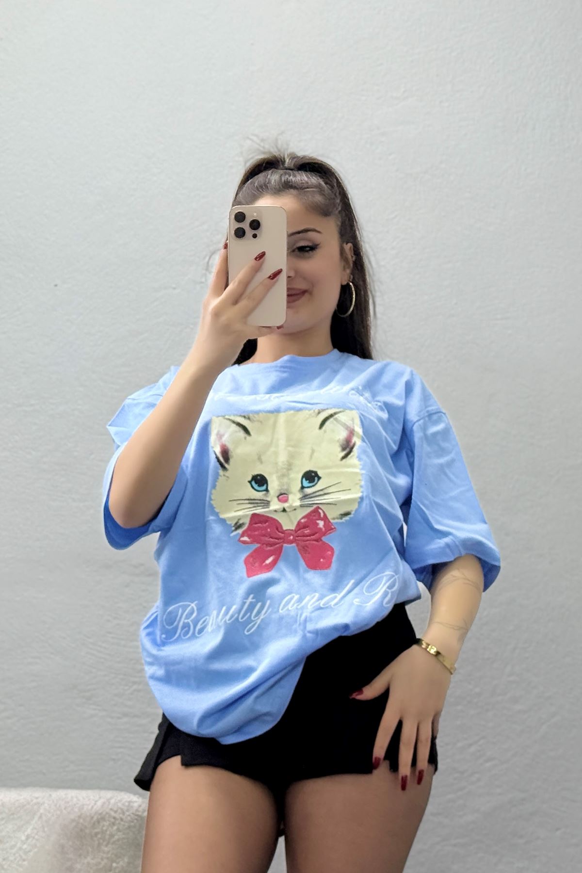 Baskılı Kompakt Penye Tişört Mavikrem1 - 55044.1872.