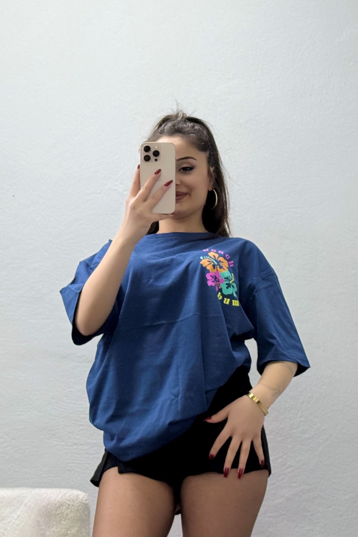 Baskılı Kompakt Penye Tişört Mavipembe - 55044.1872.