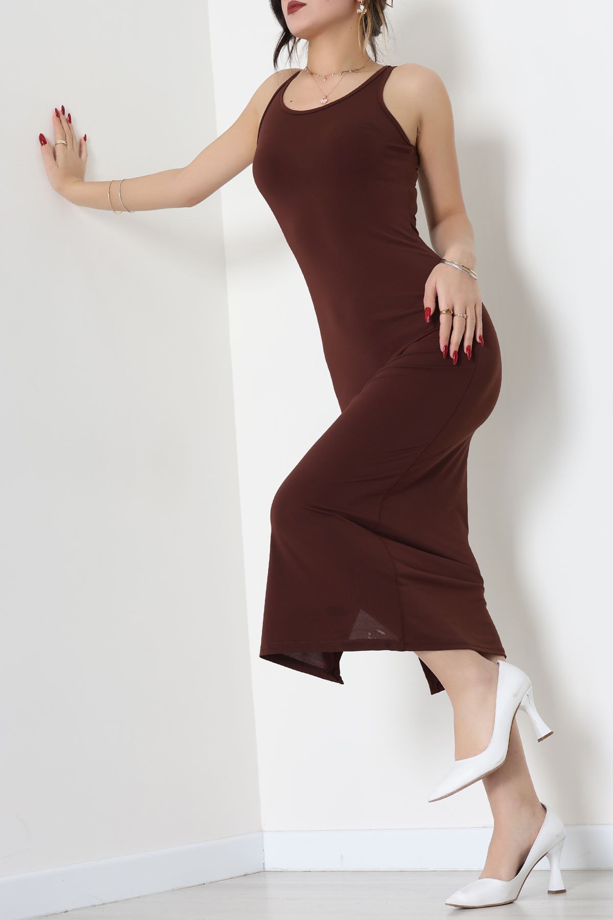 Kalın Askılı Sandy Elbise Kahve1 - 70833.1949.