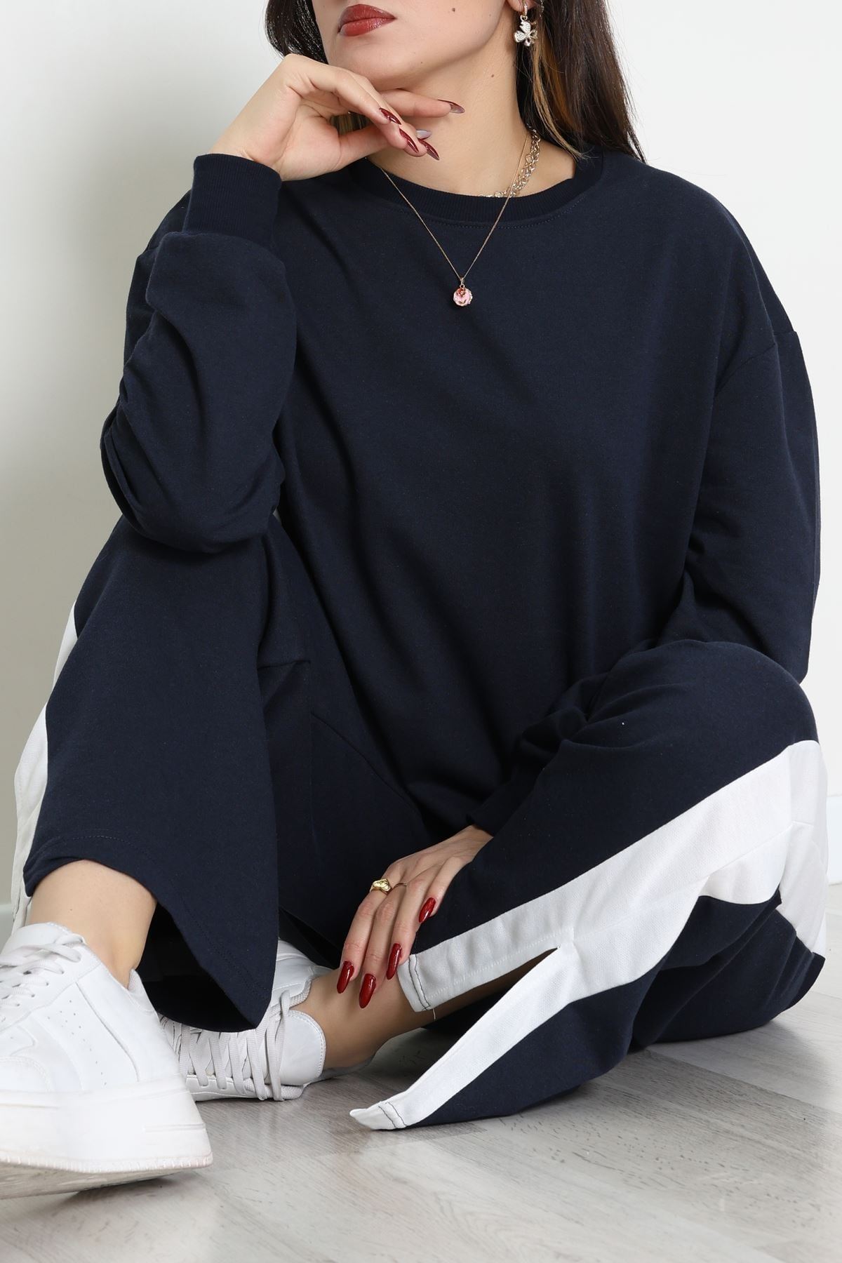 Şeritli 2 İplik Eşofman Takımı Lacivertbeyaz - 52180.1857.