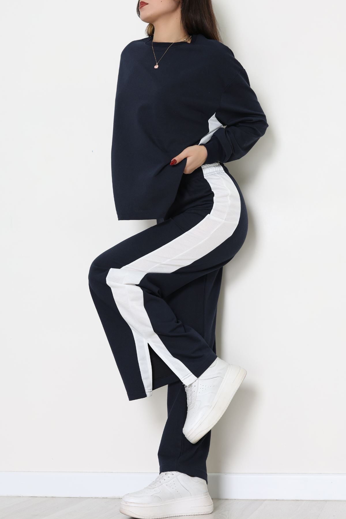 Şeritli 2 İplik Eşofman Takımı Lacivertbeyaz - 52180.1857.