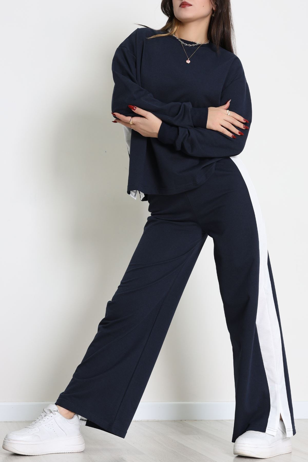 Şeritli 2 İplik Eşofman Takımı Lacivertbeyaz - 52180.1857.