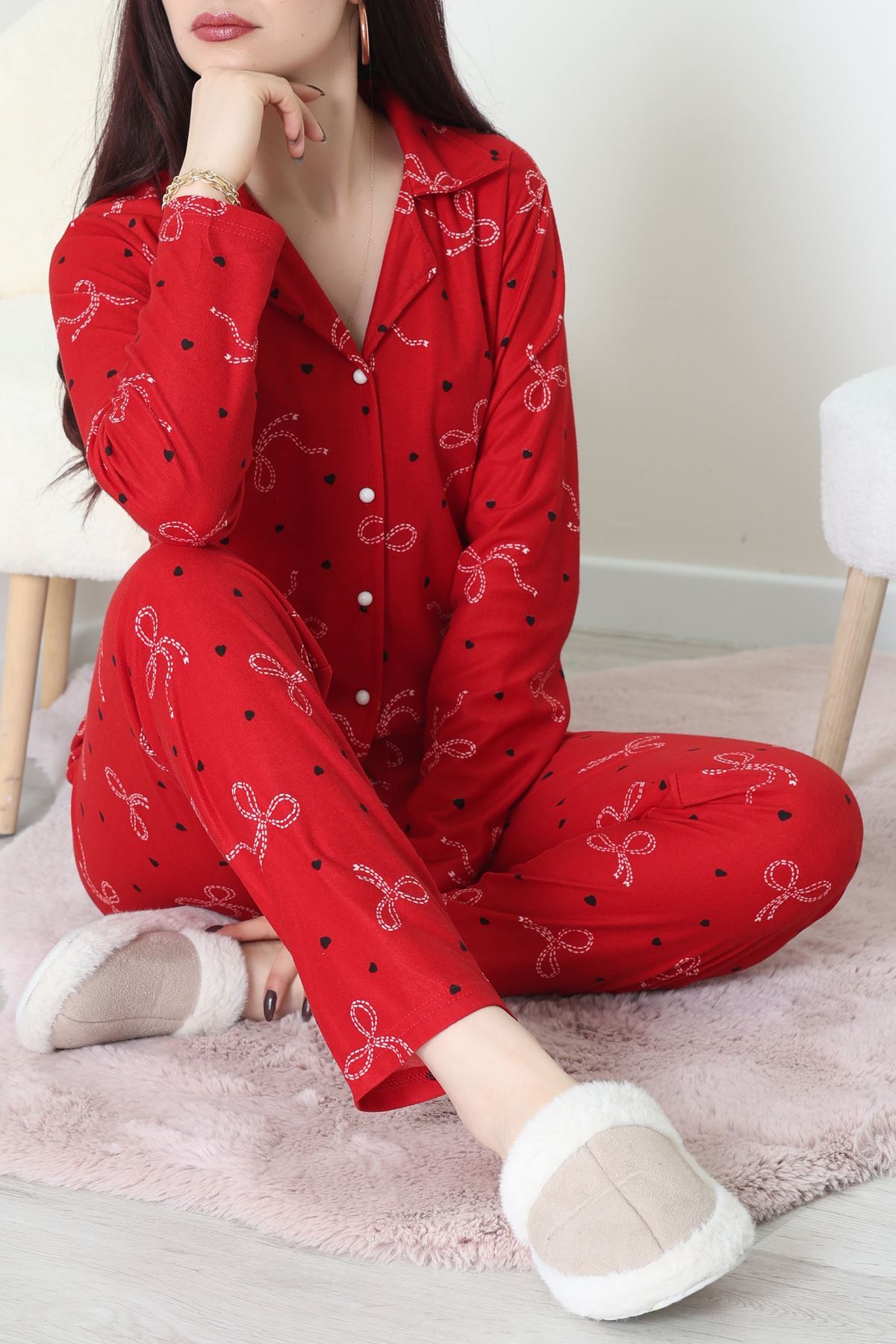 Süet Düğmeli Pijama Takımı Kırmızı1 - 31876.1049.