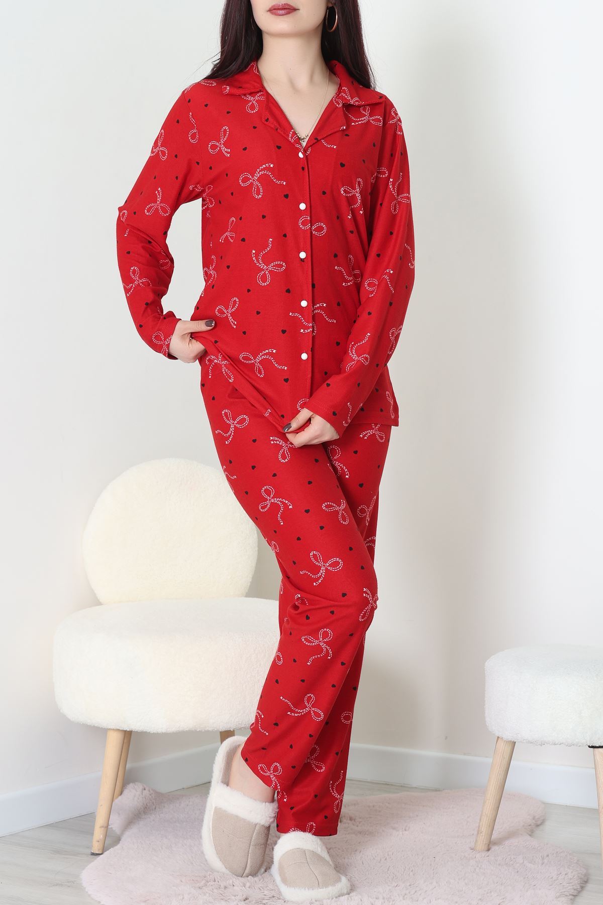 Süet Düğmeli Pijama Takımı Kırmızı1 - 31876.1049.