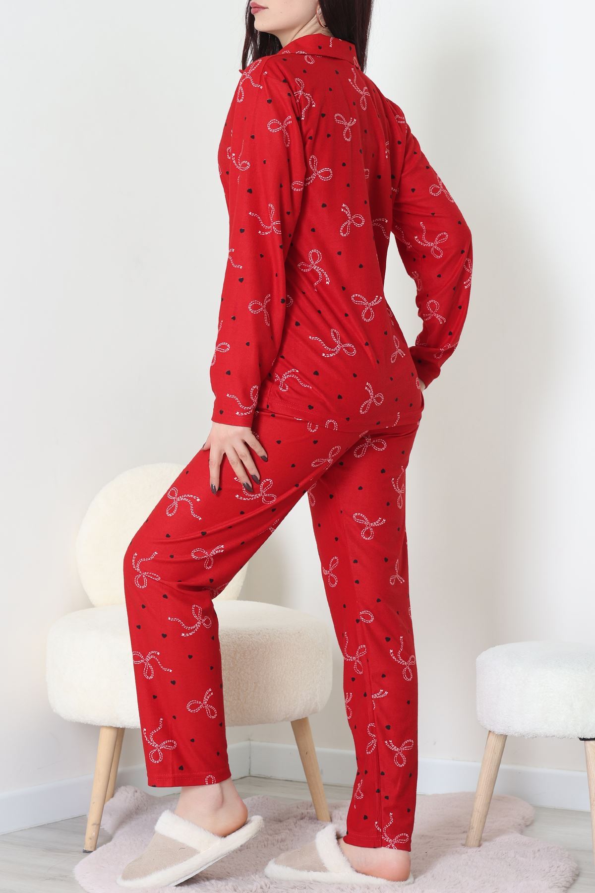 Süet Düğmeli Pijama Takımı Kırmızı1 - 31876.1049.