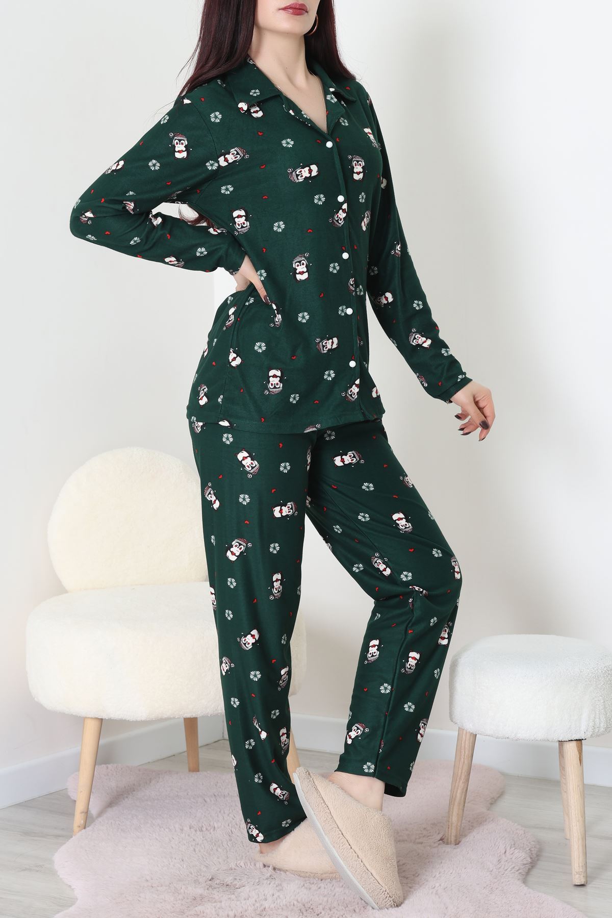 Süet Düğmeli Pijama Takımı Koyuyeşil - 31876.1049.