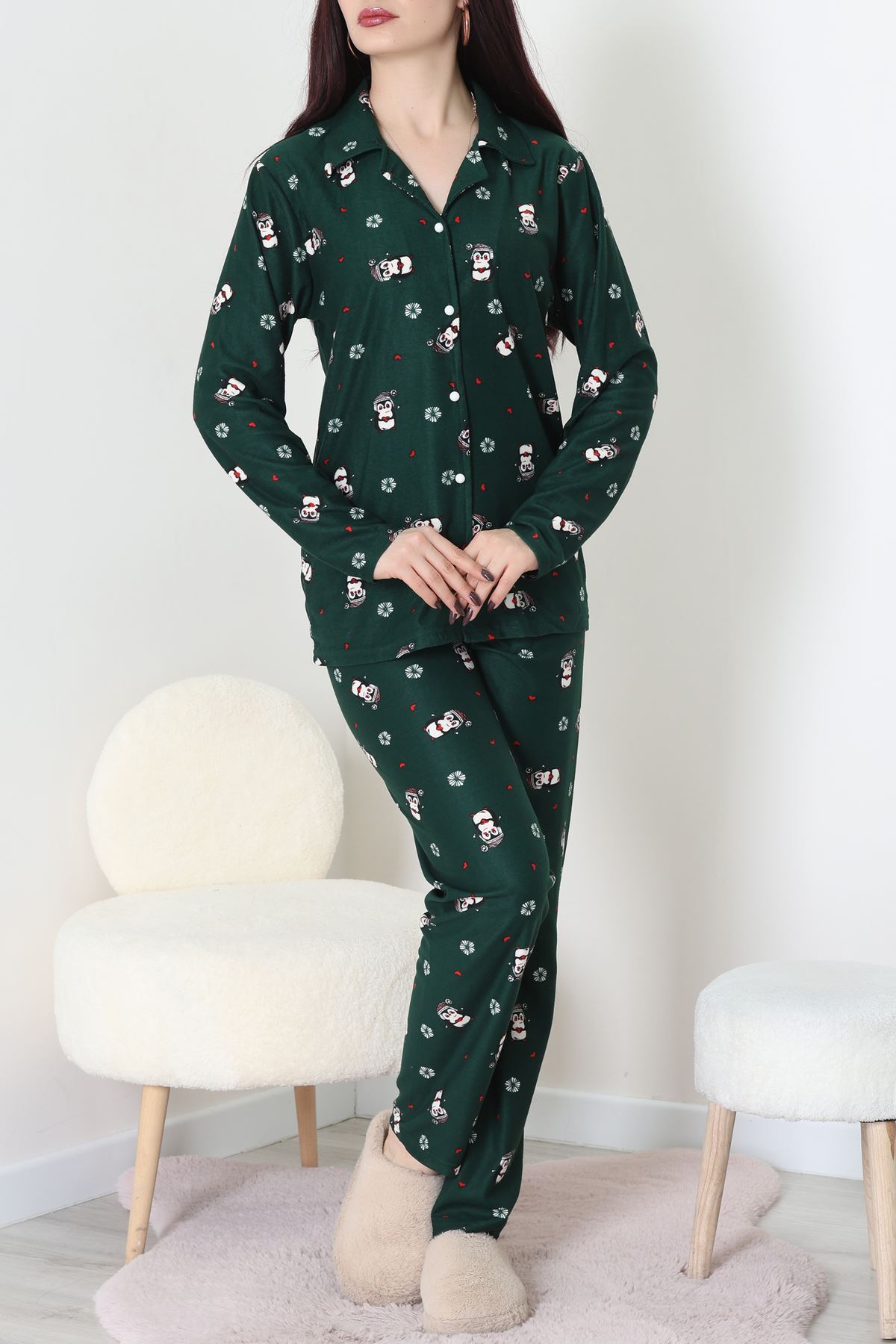 Süet Düğmeli Pijama Takımı Koyuyeşil - 31876.1049.