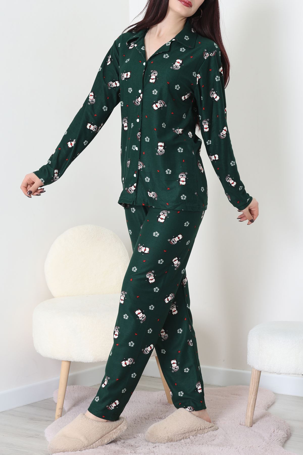 Süet Düğmeli Pijama Takımı Koyuyeşil - 31876.1049.
