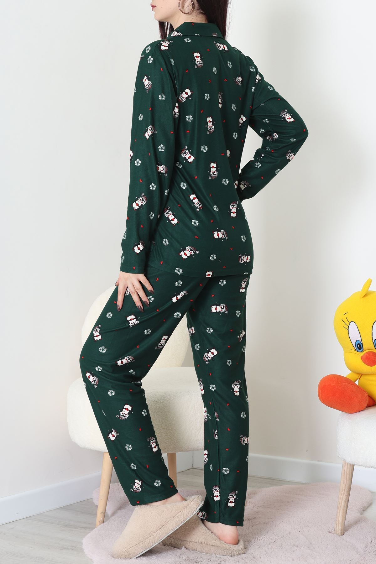 Süet Düğmeli Pijama Takımı Koyuyeşil - 31876.1049.