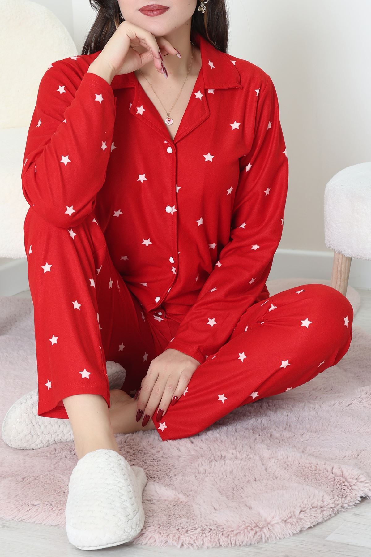 Süet Düğmeli Pijama Takımı Kırmızı - 31876.1049.