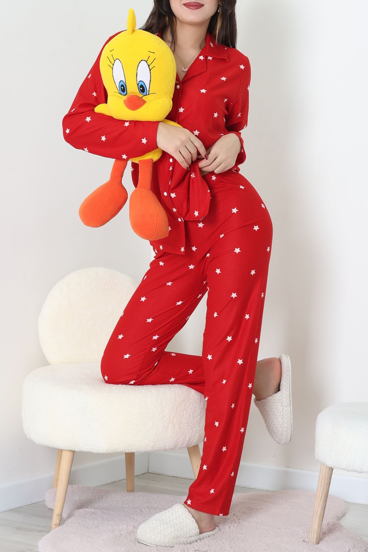 Süet Düğmeli Pijama Takımı Kırmızı - 31876.1049.