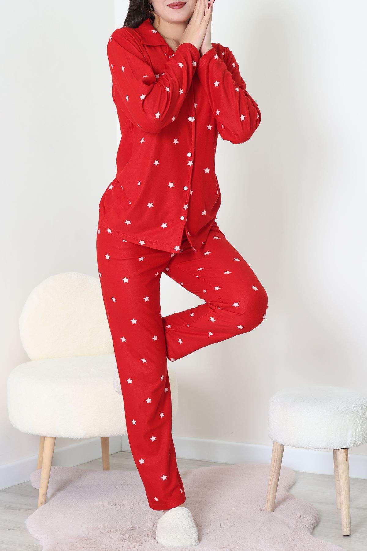 Süet Düğmeli Pijama Takımı Kırmızı - 31876.1049.