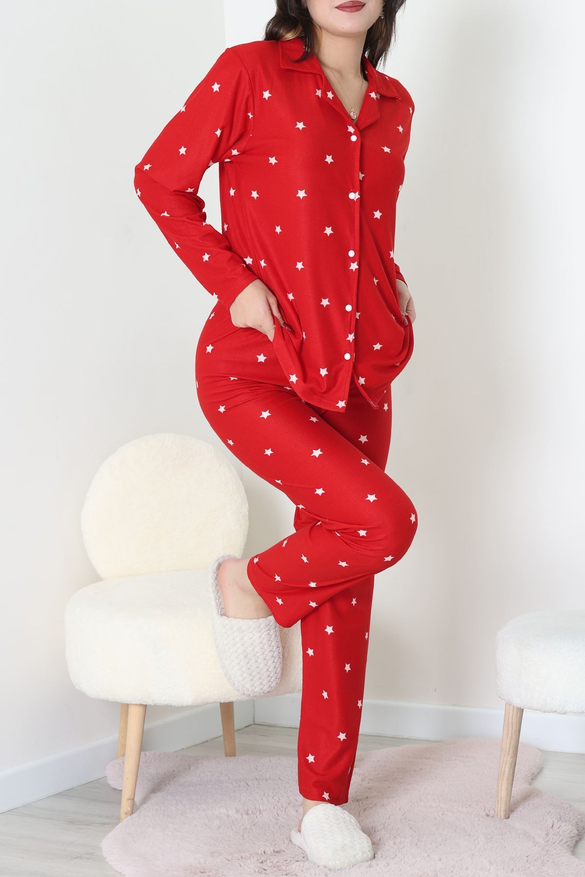 Süet Düğmeli Pijama Takımı Kırmızı - 31876.1049.