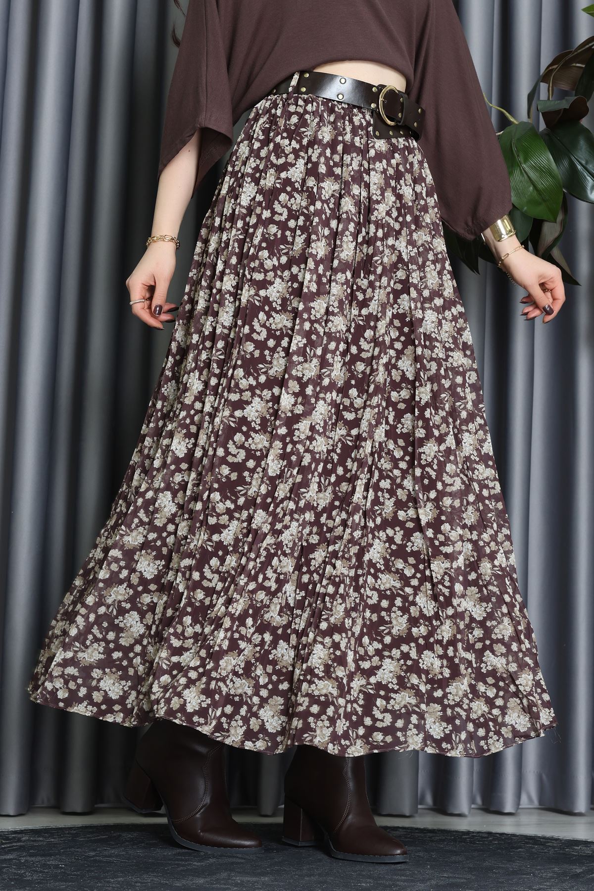 Kemerli Desenli Şifon Astarlı Etek Kahve - 71001.1934.