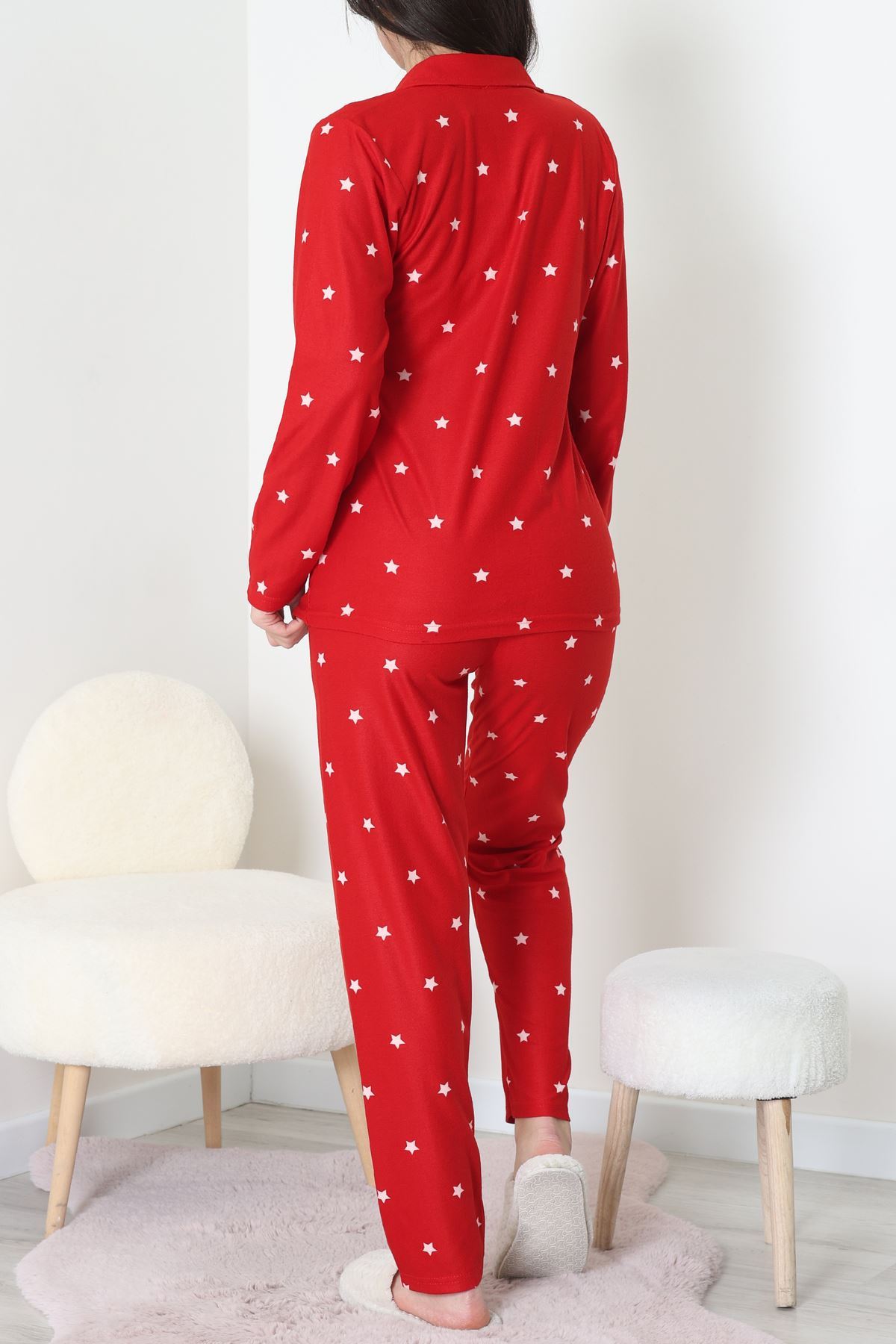 Süet Düğmeli Pijama Takımı Kırmızı - 31876.1049.