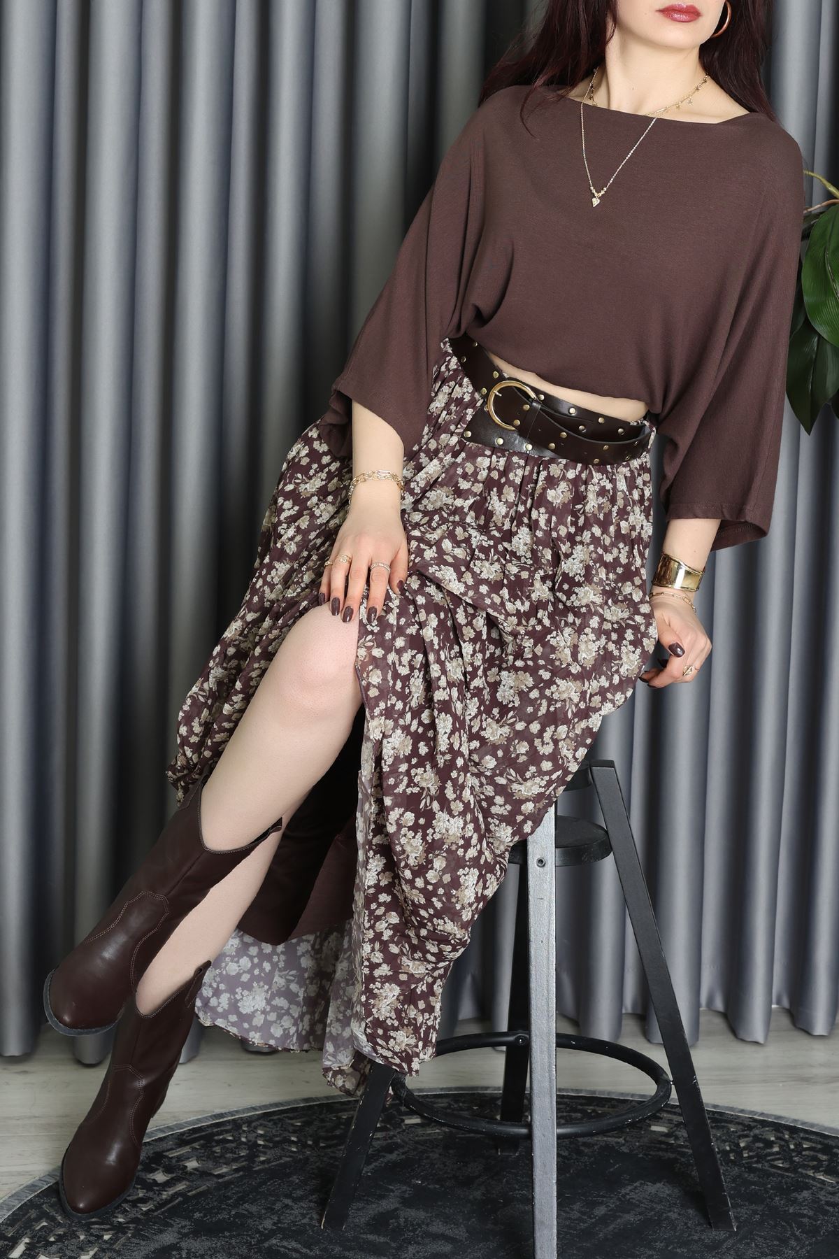 Kemerli Desenli Şifon Astarlı Etek Kahve - 71001.1934.