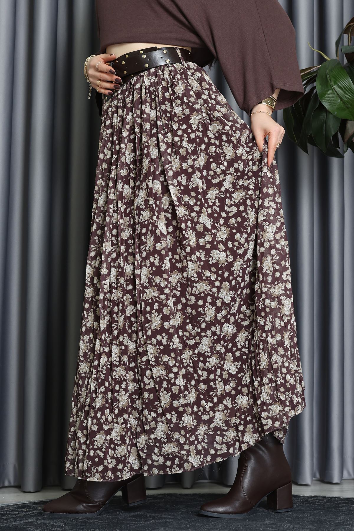 Kemerli Desenli Şifon Astarlı Etek Kahve - 71001.1934.