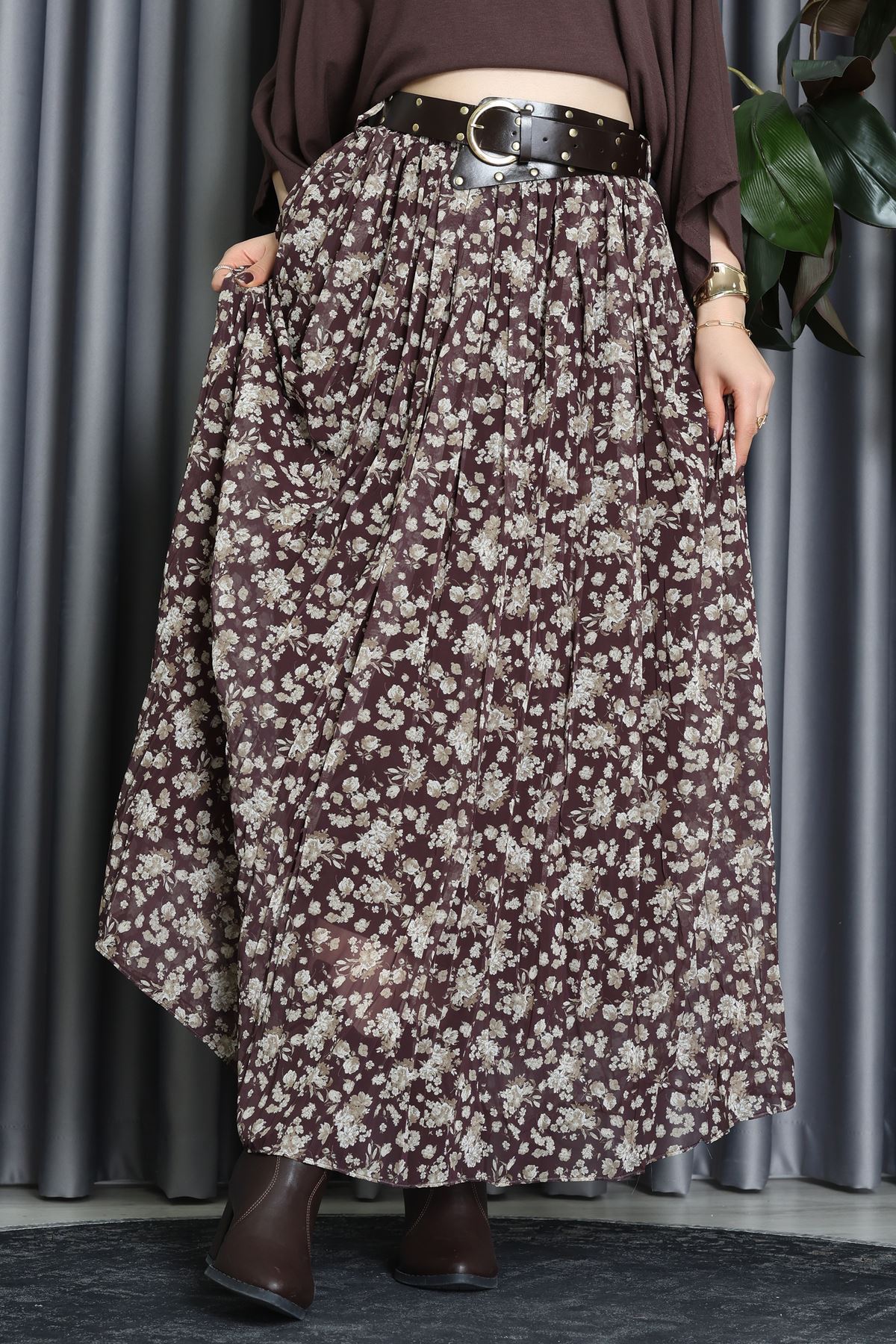 Kemerli Desenli Şifon Astarlı Etek Kahve - 71001.1934.