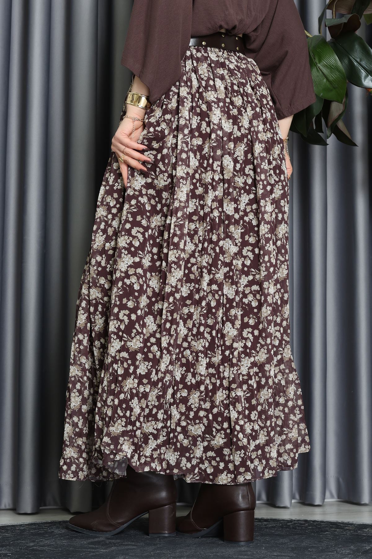 Kemerli Desenli Şifon Astarlı Etek Kahve - 71001.1934.